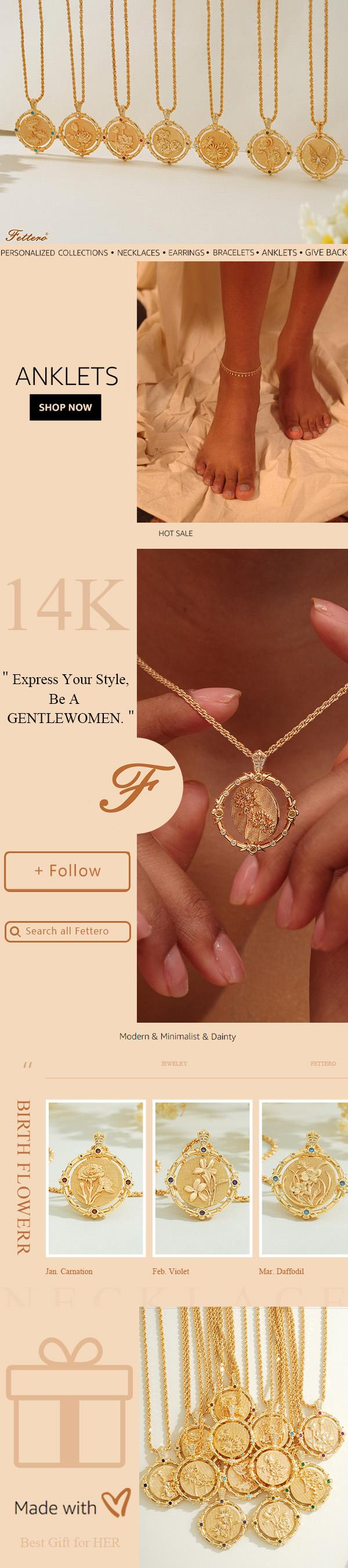 Fettero Gold Necklace for Women Birth Flower Necklace Dainty Rotating Coin Pendant Necklace Personalized Birth Month Jewelry 12 Month