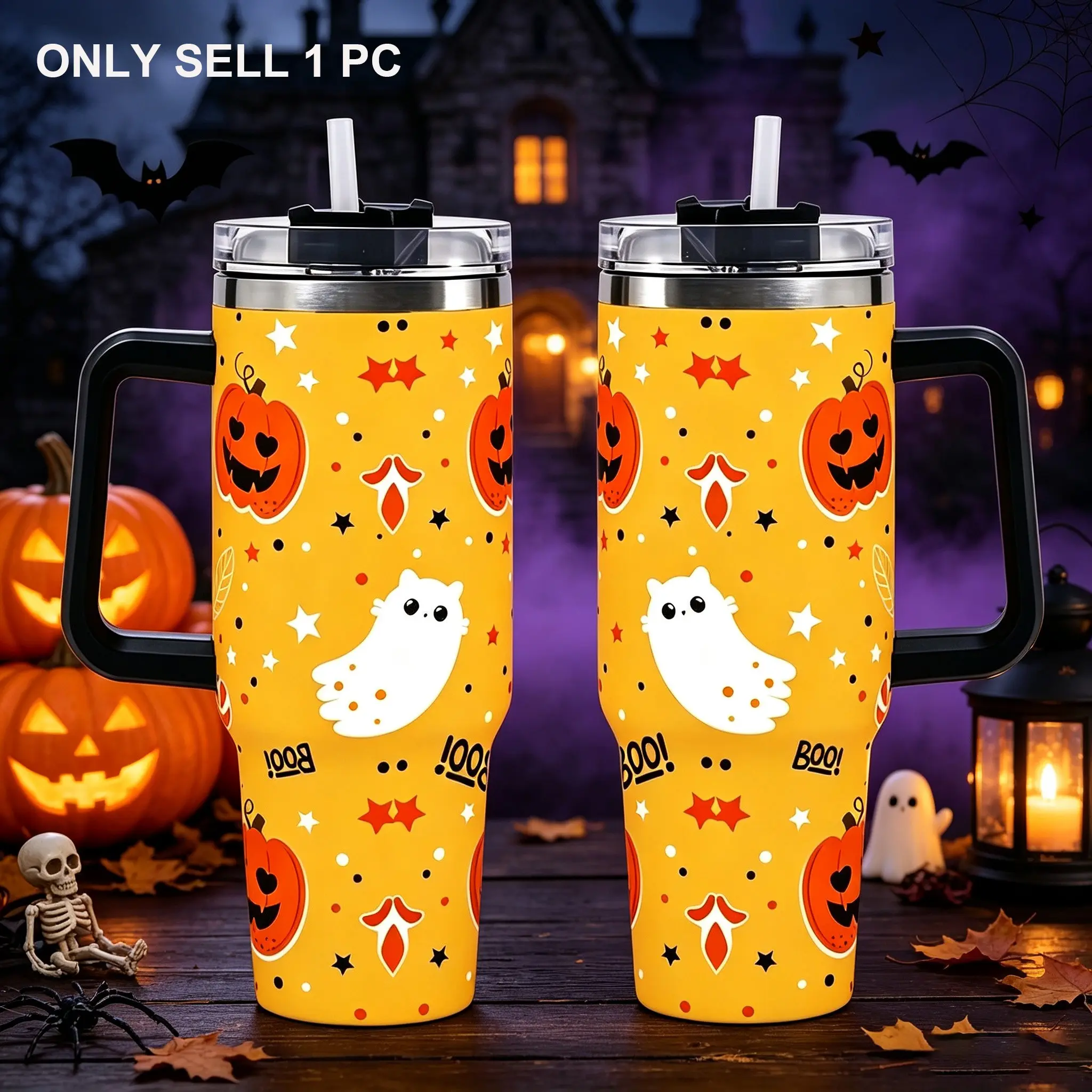 Halloween Thermos, Pumpkin Ghost Cat Travel Cup, Double-layer Vacuum Ghost Cat Coffee Cup, Stainless Steel Insulated Water Bottle, Large Capacity Car Cup, with Handle and Straw, Perfect for Holiday Parties and Home Use, Ideal Halloween Gift