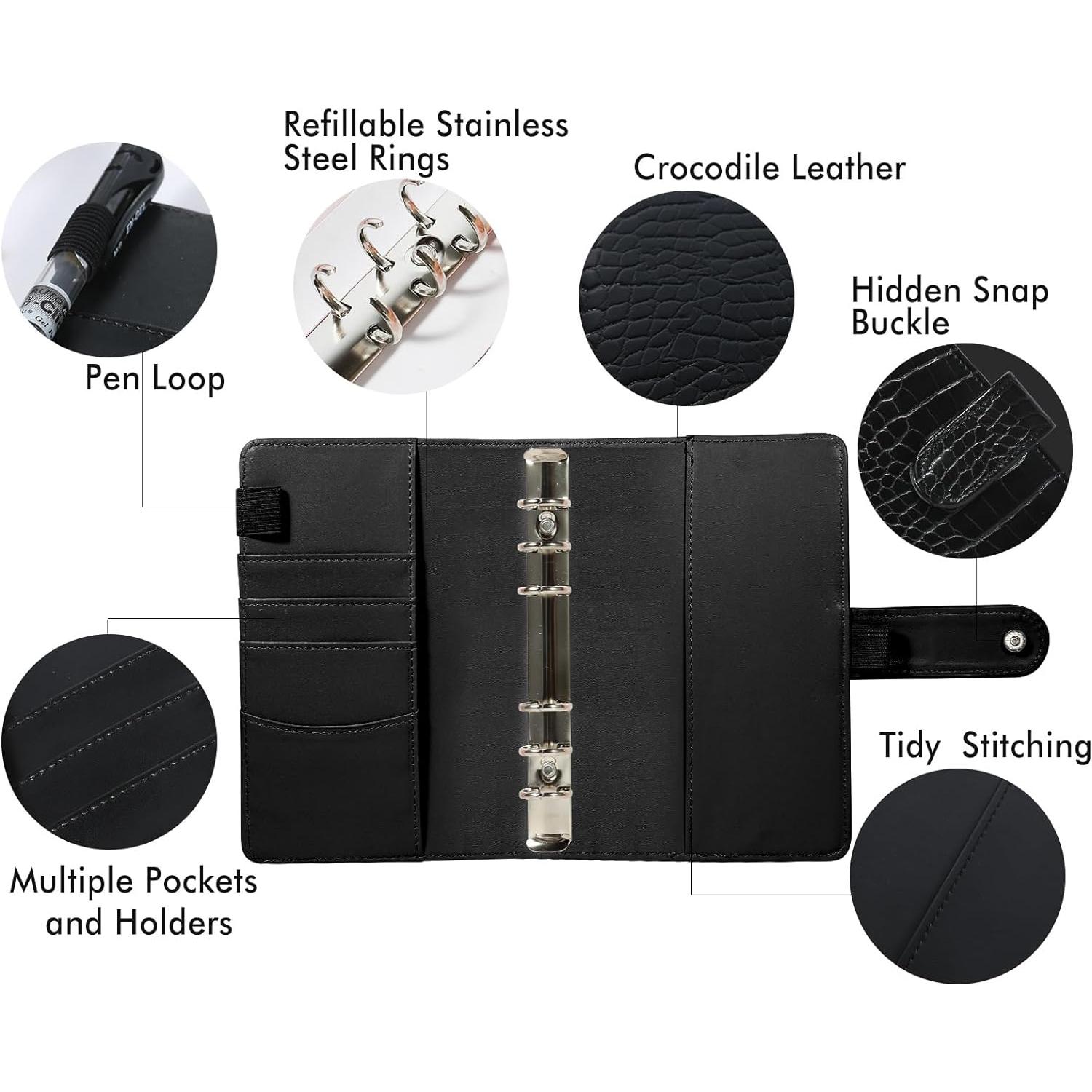 A5 6 Ring Binder Cover Crocodile - Large PU Leather Notebook Binder with  Snap Buckle, Refillable Budget Planner, Black