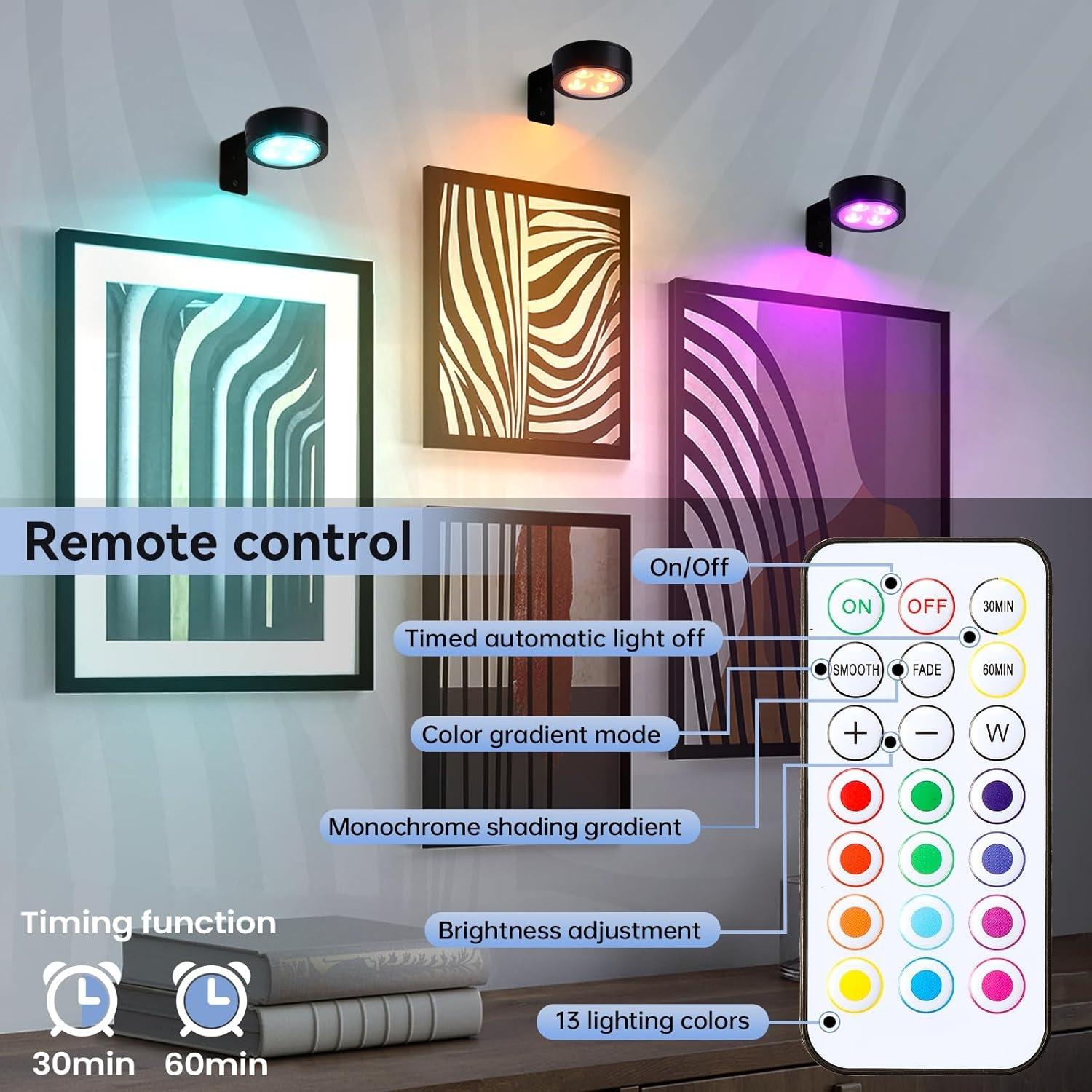 6PC/3PC/1PC RGB Color-Changing Spotlight, Motion Sensor Night Light, Wall Picture Lamp, Remote Control, Ambient Shadow Projector LED Painting Art Display, Scene Atmosphere Lights, Dimmable No Wiring Needed Battery Powered (Batteries Not Included)