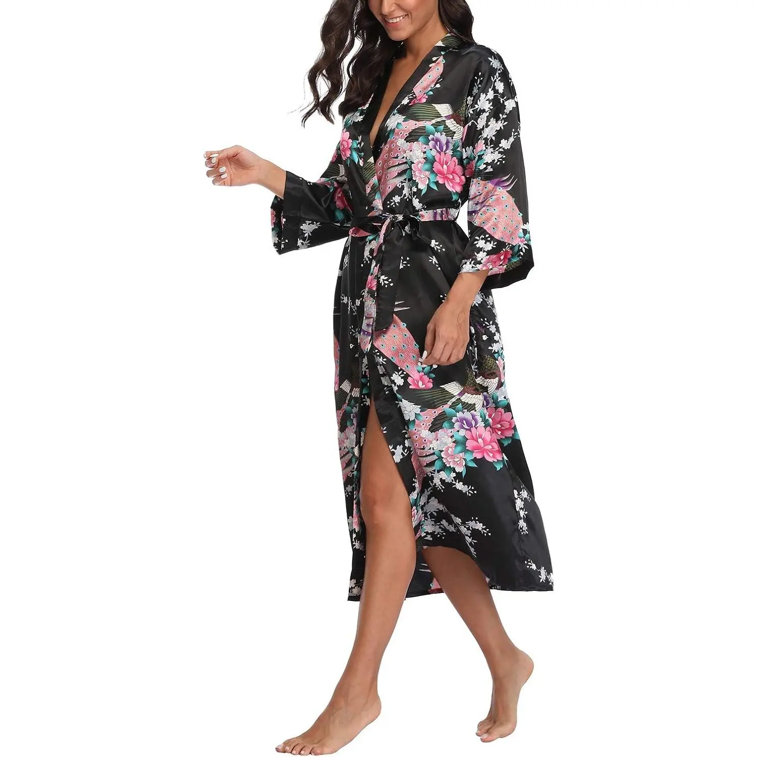 Women's Kimono Robe Peacock & Blossom Robe Wedding Satin Bathrobe Nightgown