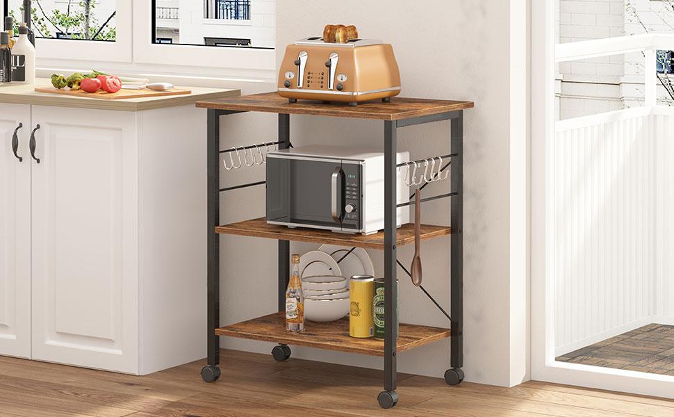 3-Tier Rolling Kitchen Cart - Standing Baker's Rack & Appliance Storage Shelf, Microwave Stand for Small Spaces w/Wheels Smooth Water Proof Wooden