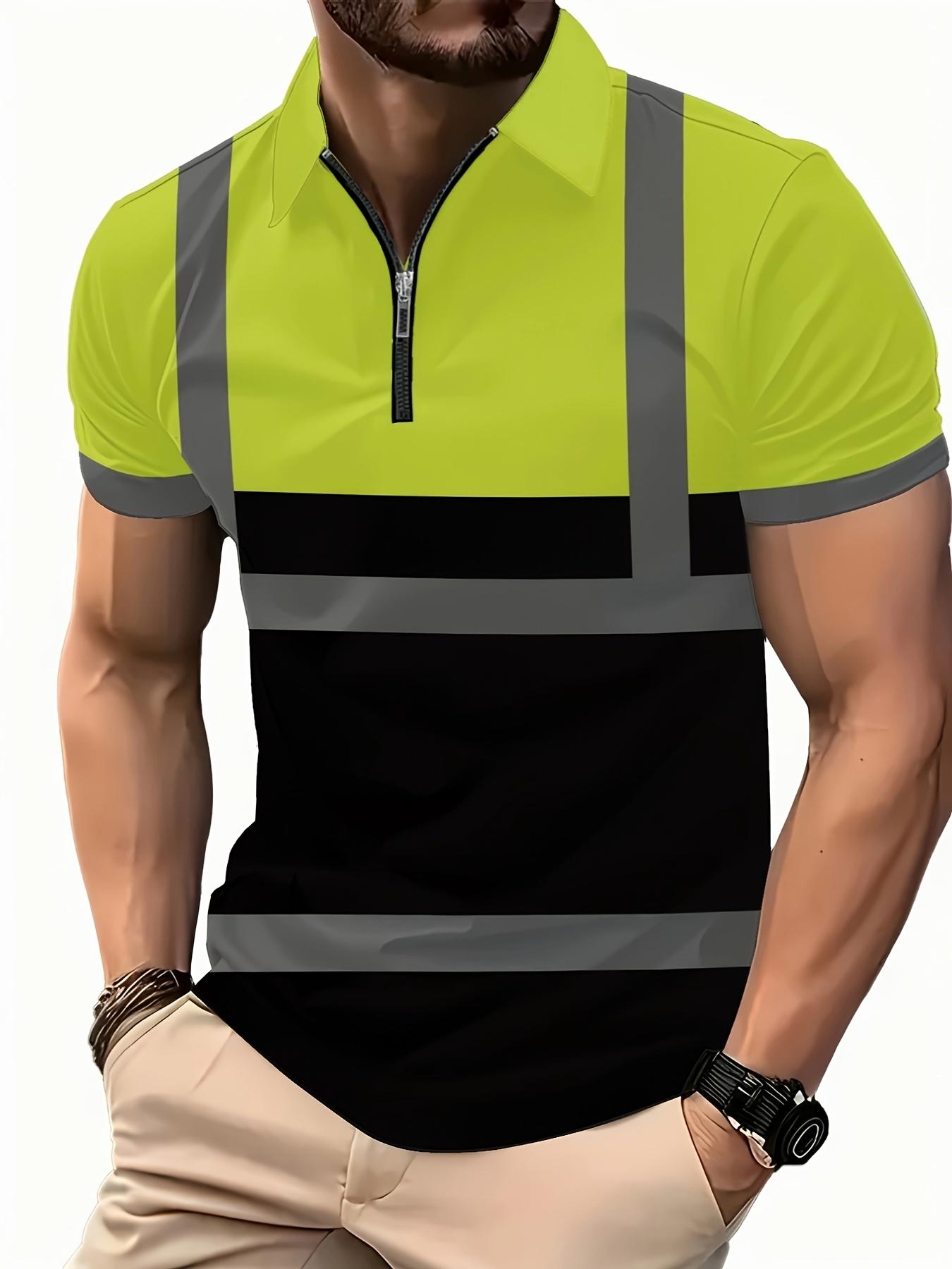 Men's High Visibility Reflective Polo Shirt, Half-Zip Short Sleeve Hi Vis Casual Work Shirt, Fluorescent Yellow & Black Safety Construction Workwear with Reflective Strips