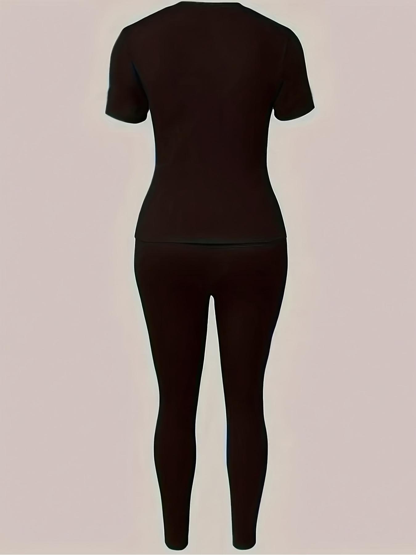 Women's Paris Print Two-Piece Set, Casual Solid Color Short Sleeve Round Neck T-Shirt & Tight Pants, Ladies Fashion Clothing