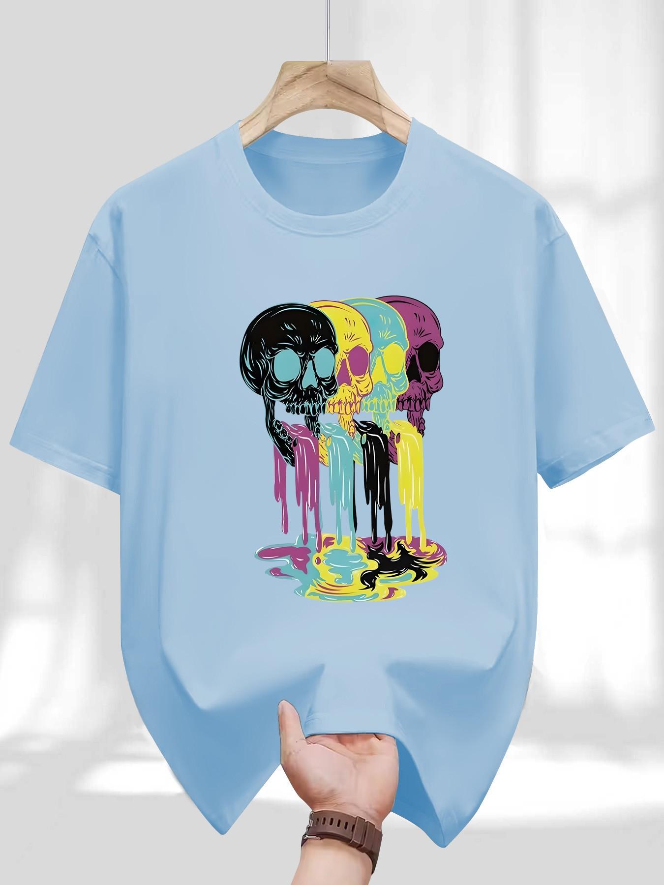 Men's Round Neck T-Shirt, Fashion Colorful Skull Geometric Print, Retro Religious Style, Casual Long Sleeve, Perfect for Daily Wear