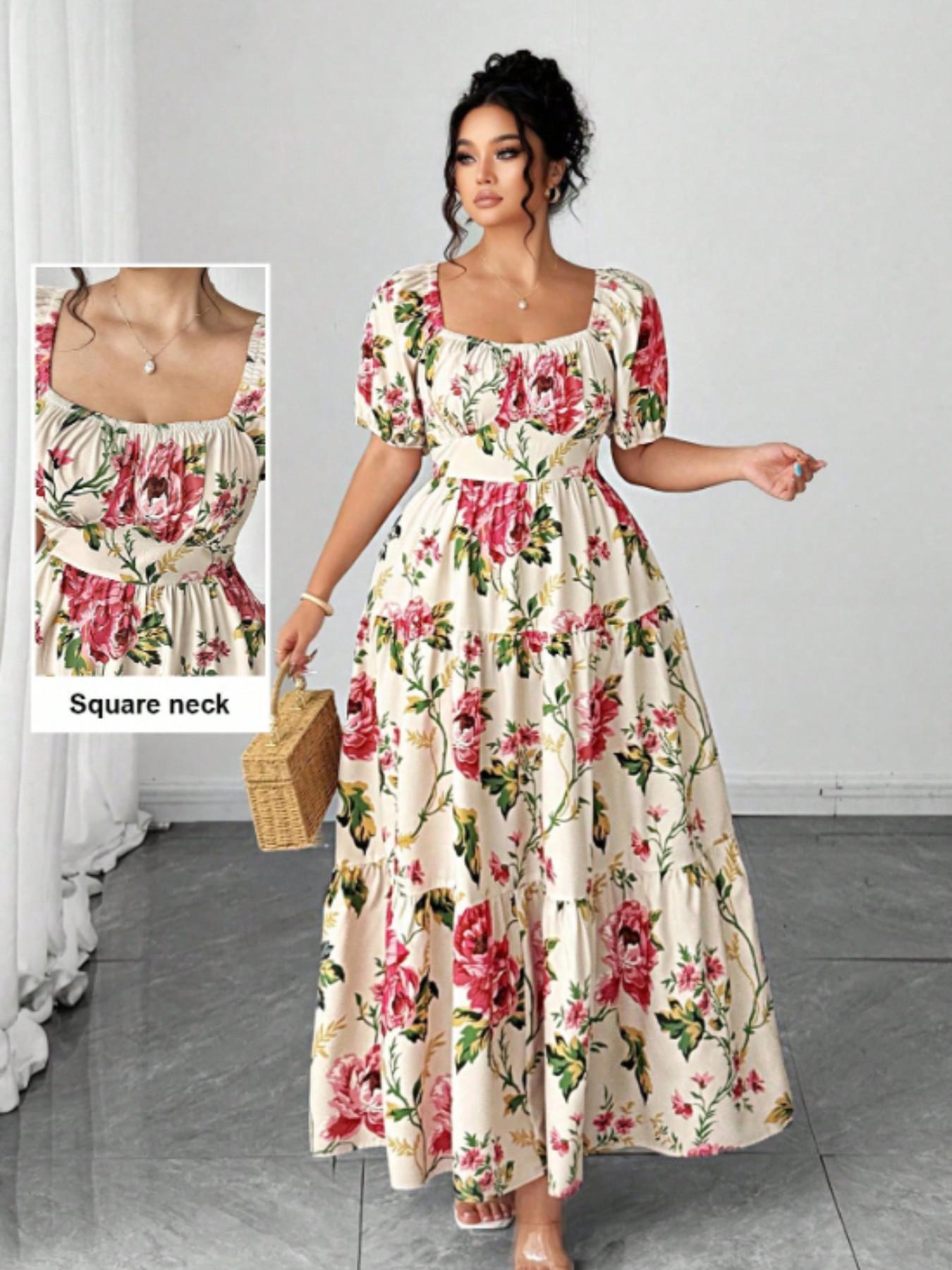 Elegant Plus Size Women Wedding Guest Dress, Square Neck Bubble Sleeve, Rose Floral Pattern, Long A-Line Skirt, Perfect for Weddings and Vacations