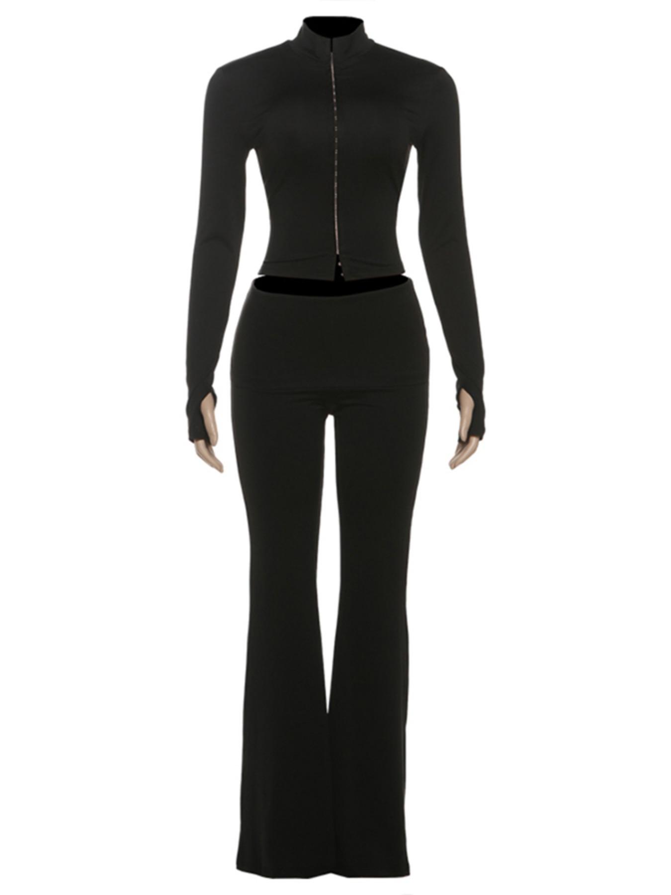 Women's Fall Winter New Fashion Stand Collar Long Sleeve Slim Fit Hook Button Cardigan Top Casual Pants Set, Stylish and Comfortable