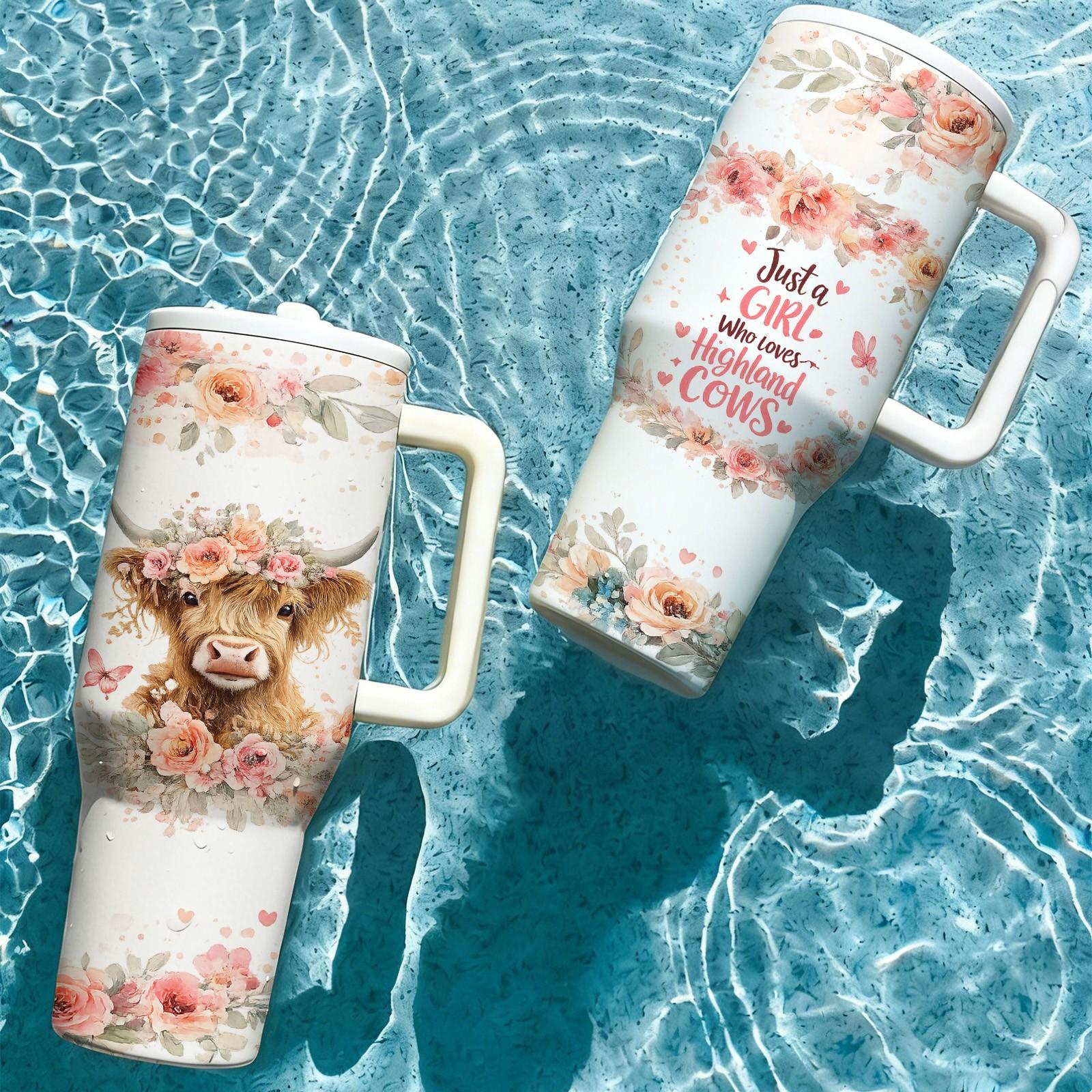 40oz Highland Cow Straw Tumbler, Just A Girl Who Loves Cows Design, Floral Cow Aesthetic Cup, Farm Girl Country Style, Vacuum Insulated Tumbler with Handle, Leak Proof Lid, Hot Cold Drinks All Day, Cute Cow Lover Gift, Insulated Travel Drinkware