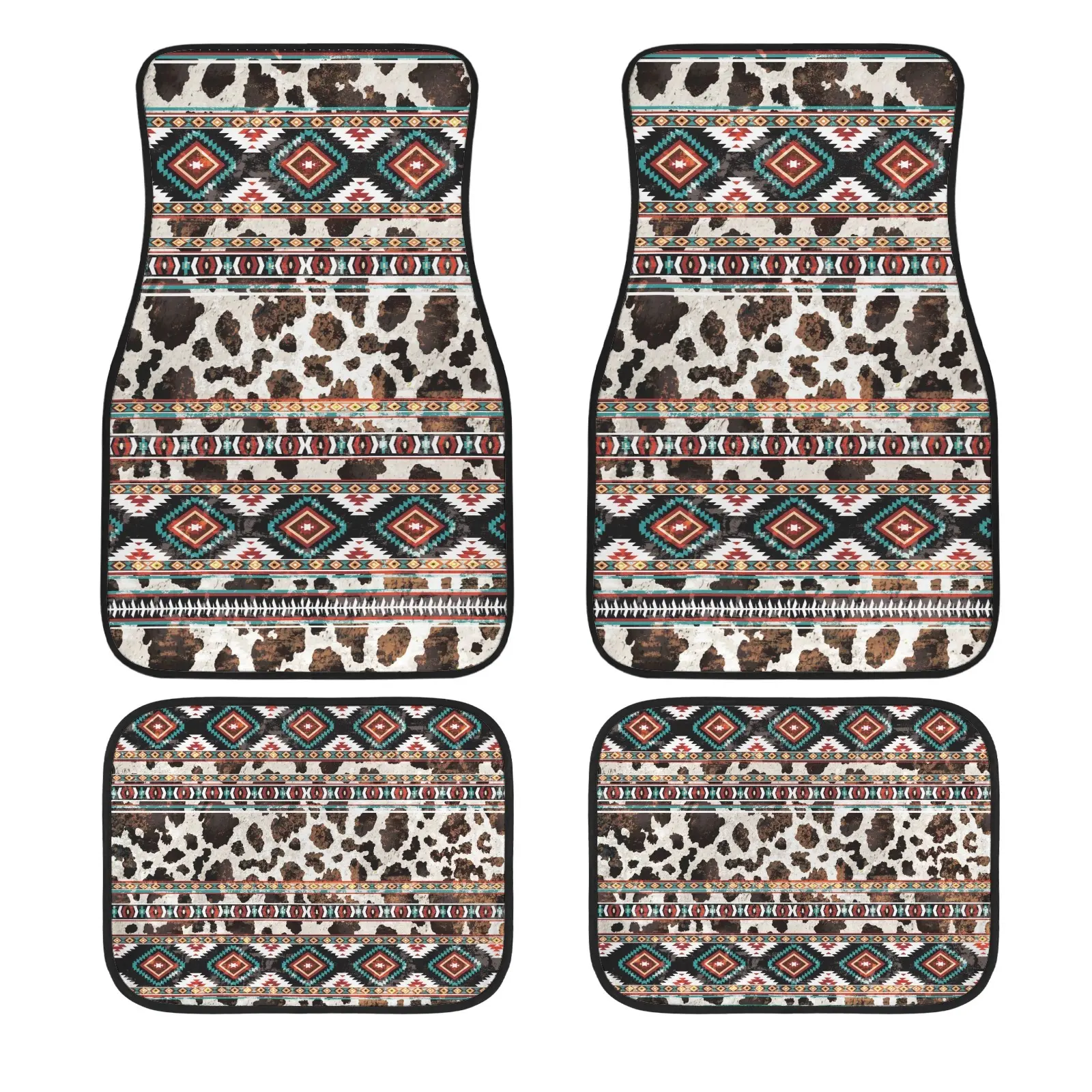 Western Cow Car Floor Mat Set, Universal Vehicle Interior Carpet & Automotive Floor Liners, Non‑Slip TPR Cabin Floor Protector, Washable Flannel Covers, Front & Rear Coverage, Southwest Ethnic Auto Accessory for Truck & SUV Owners