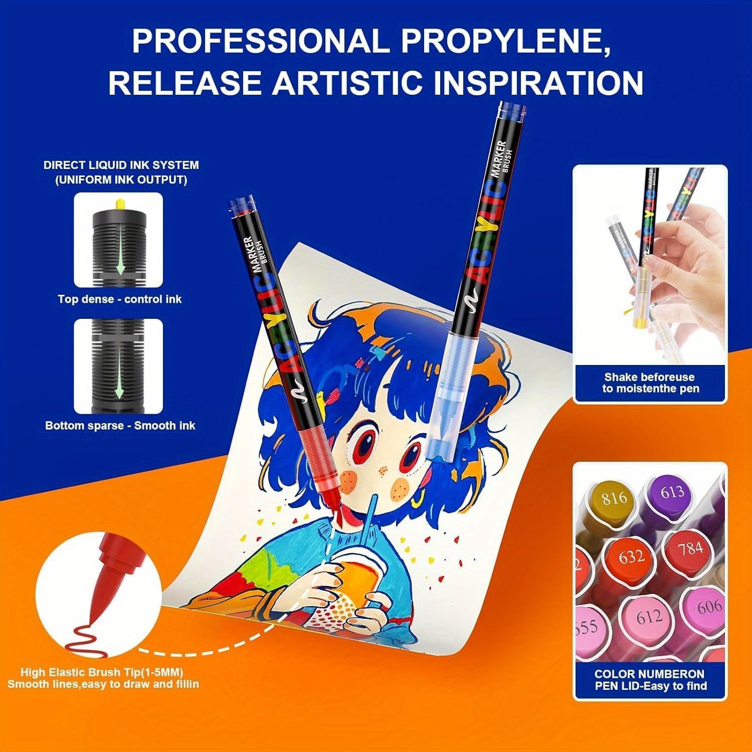 Direct Liquid Acrylic Paint Pens, 12-240 Colors, Soft Brush Tip, Water-Based Markers, for Fabric, Canvas, Rock, Glass, Wood, Paper