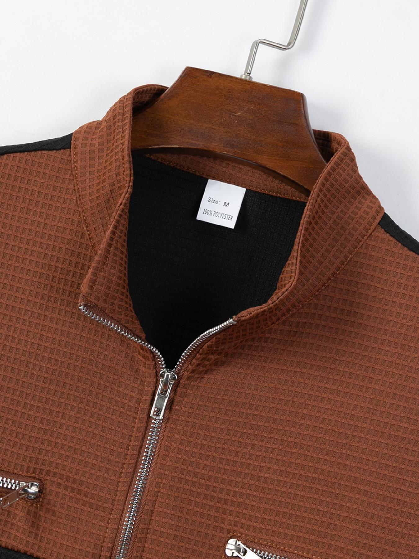 Men's 2-Piece Set, Summer Contrast Half-Zip Stand Collar Suit, Waffle Texture Short Sleeve Drawstring Long Pants, Casual Sportswear, Casual Sportswear Outfit