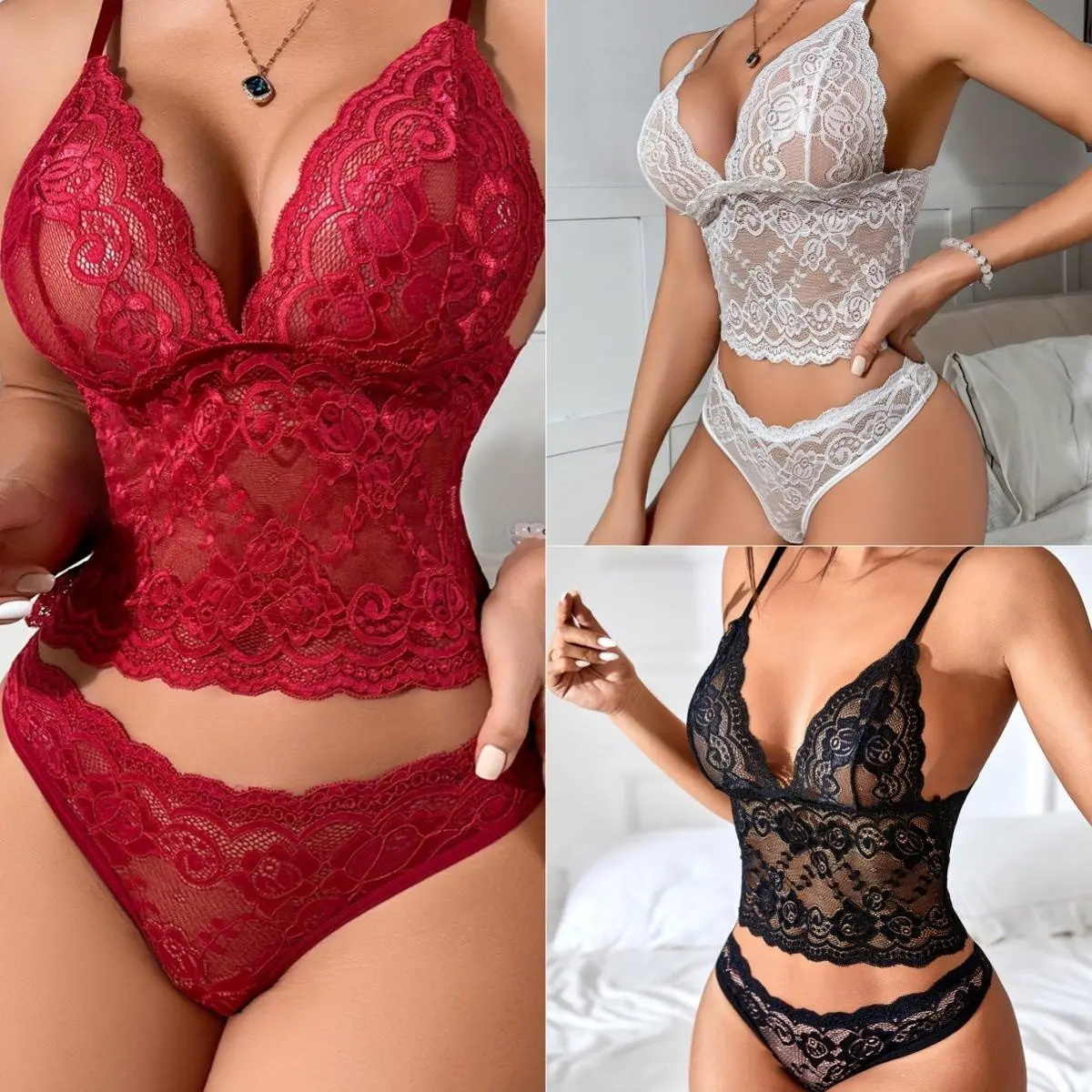 Women Lace Lingerie Set Sheer Mesh Babydoll Pajama Set Two Piece, Strappy Suspender Split Hem Sleepwear Adjustable Nightwear for Bedroom, Date Night & Valentine’s