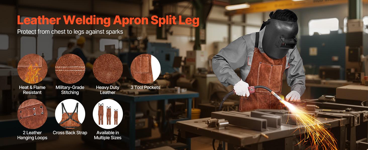 VEVOR M-Size Split Leg Adjustable Plain Cowhide Welding Apron, Heavy Duty Flame-Resistant Full Cover Safety Apron for Men, Heat-Resistant with Cross Straps, 2 Leather Hanging Loops, 3 Tool Pockets (Woodworking, Blacksmithing), Split Legs, Sleeveless