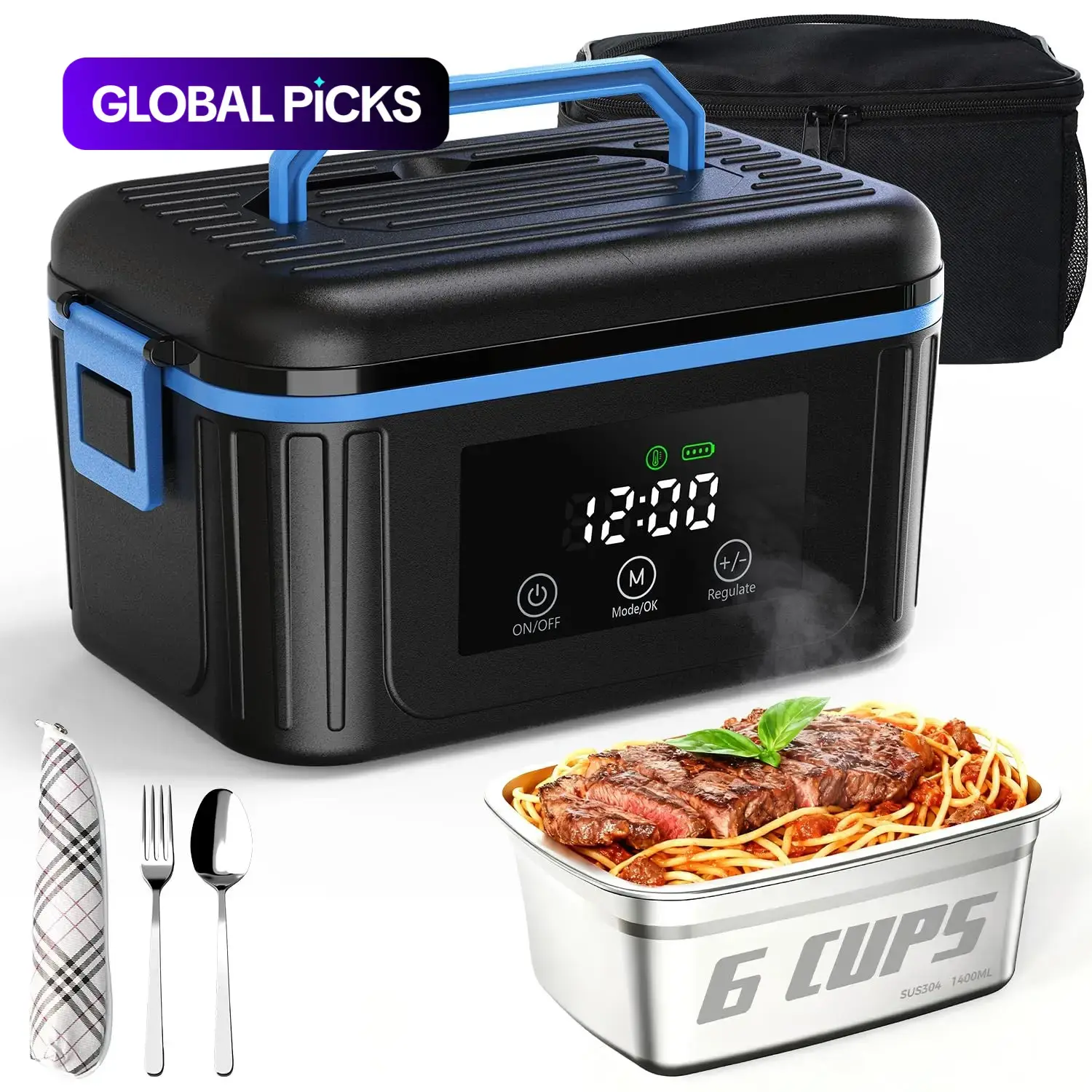 Wireless Electric Lunch Box, 1.4L Food Warmer Insulator, Suitable for Adults and Men, Includes Storage Container, 304 Stainless Steel, Portable Insulated Bag