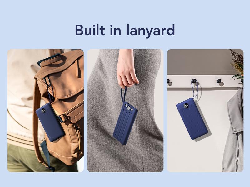 VRURC 10000mAh Power Bank with 4 Built-in Cables USB-C USB-A Type-C LED Display Fast Charging Protection Multi-Device Battery Pack for iPhone Samsung Android Tablet iPad Earbuds Smartphone Black Green Compact Portable