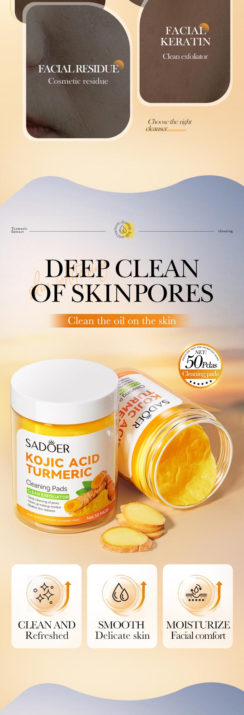 Disposable Turmeric Kojic Acid Cleansing Pads 50Pads Easy Daily Face Wash Pads Oil Control Refreshing Facial Skincare
