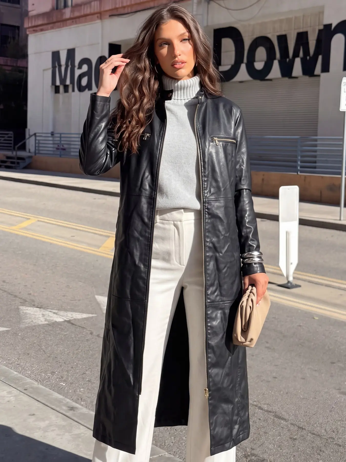 Women's Faux Leather Long Coat, Zip Up Longline Duster Jacket, Stand Collar Moto Trench, Fall Winter Outerwear, Loose-Fitting, Oversized Moto Jacket