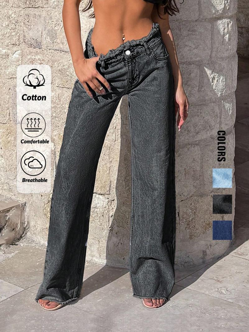 Women's High Waist Raw Hem Baggy Jeans, 2026 T-Chic All-Season Versatile Outdoor Casual Pants, Comfortable Outdoor Wear, Stylish Ladies' Bottoms