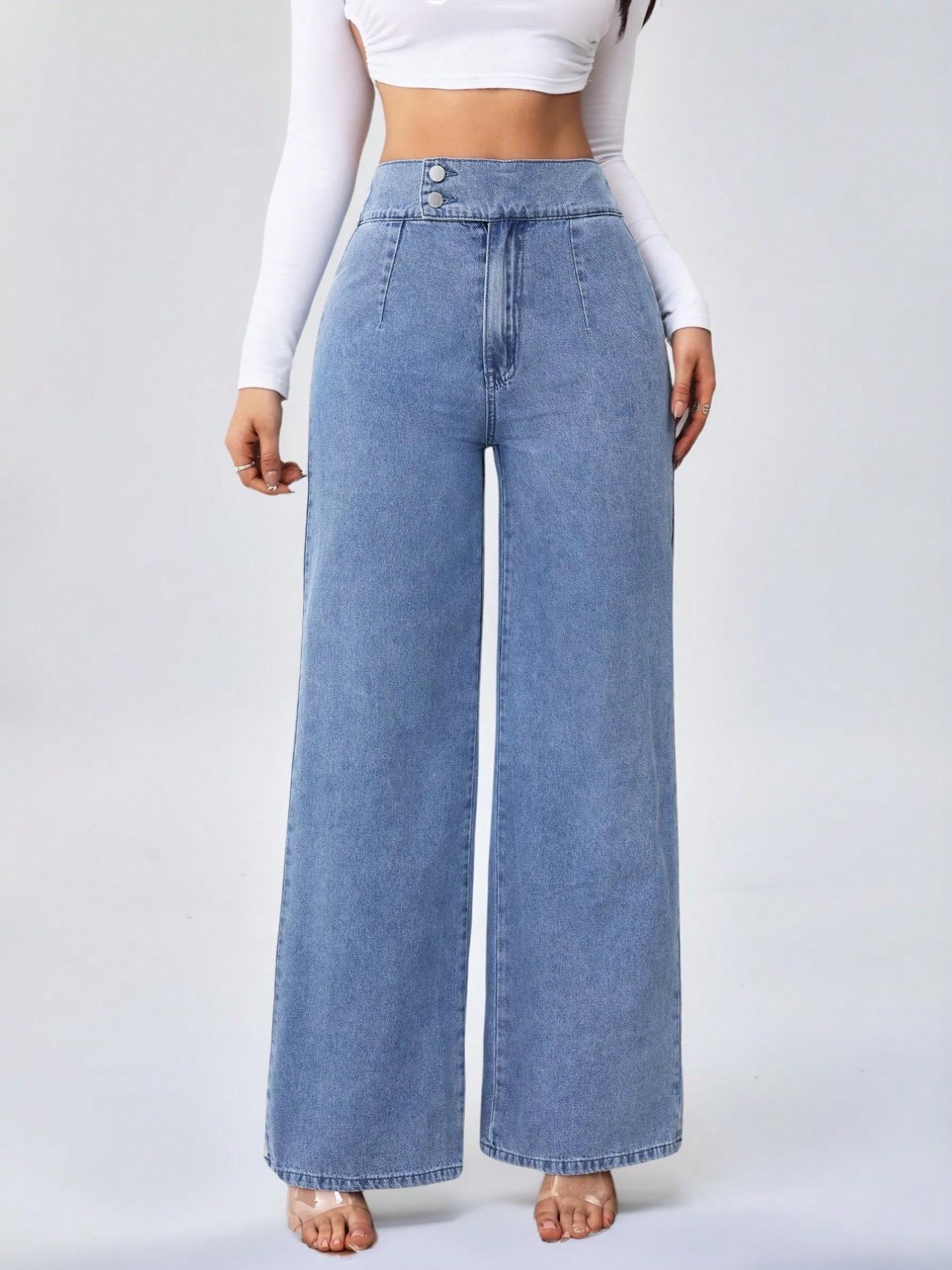 Women's Vintage Elegant High Waist Wide Leg Light Wash Denim Jeans Trouser, Button Front Elastic Waist Loose Fit, Casual Fashion Pants for All Seasons, Womenswear