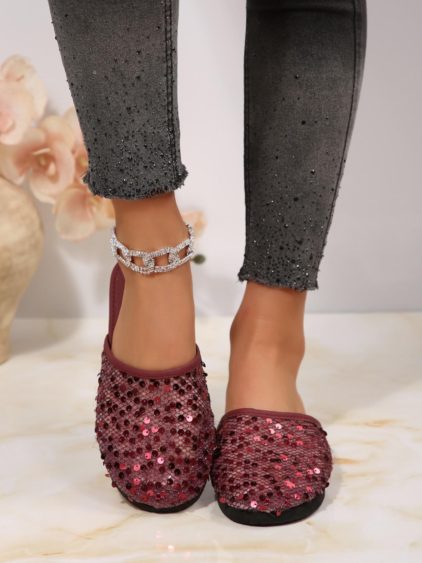 Blingbing Disco Effect Shoes, Gradient Wine Sequined Mesh Upper, Full Round Toe Design, Retro Hong Kong Style, All-Season Casual Footwear