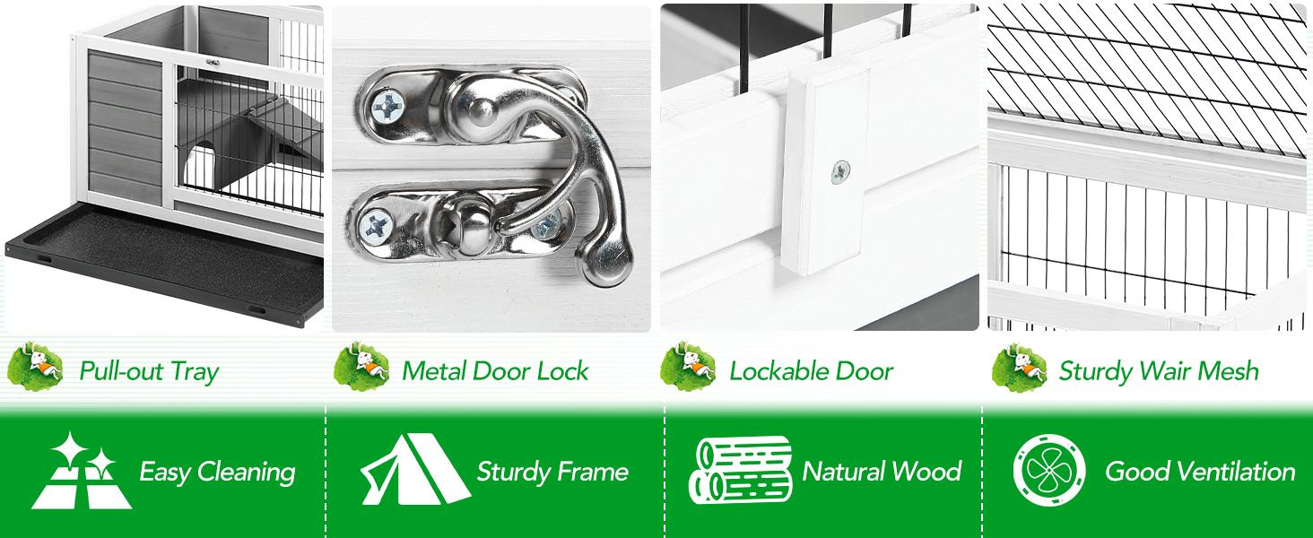 Rabbit Hutch with Deeper No Leak Tray & Run, 35.4’’ Pet House for Small Animals Rabbit Cage Guinea Pig House Bunny Hutch Indoor & Outdoor