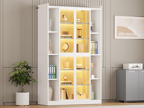 SEDETA Display Cabinet with Glass Doors, 6 Tier Tall Bookcase with LED Lights, Curio Cabinet with Adjustable Shelves, 64" Display Cases for Collectibles, Bedroom, Living Room, Office