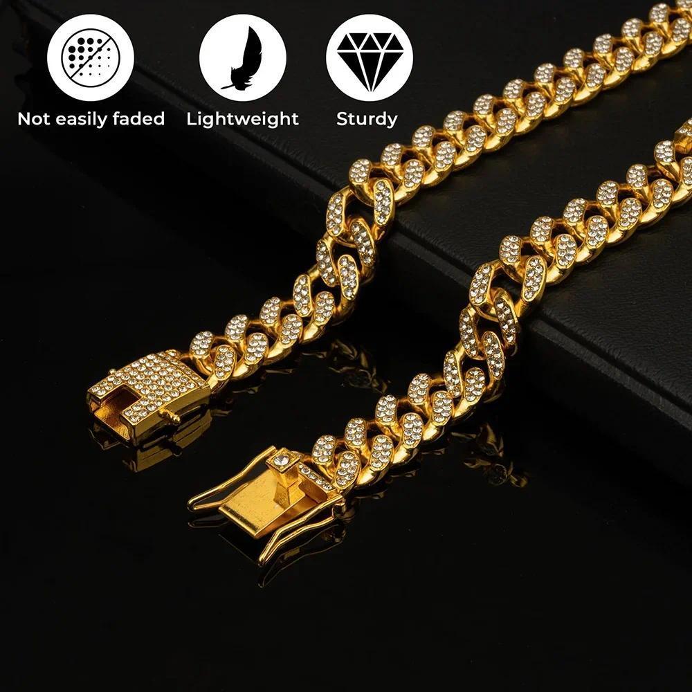 1/2Pcs Dog Chain Diamond Cuban Collar Walking Metal Chain Collar With Design Secure Buckle Pet Cat Cuban Collar Accessories