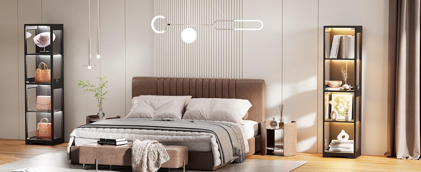 MIIFUNY Display Cabinet with Glass Doors, 4-Tier Display Case with 3 Color Lights for Collectibles, Display Shelves with Human Body Sensor, Black