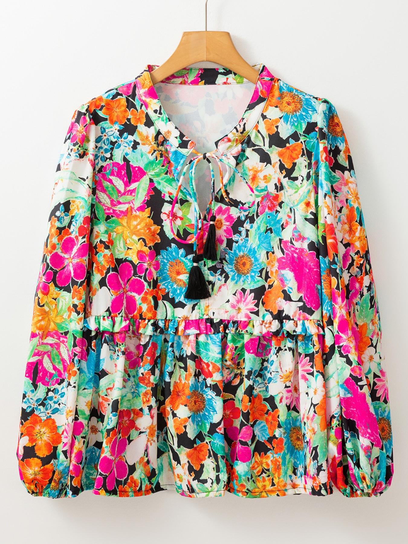 Elegant Spring & Fall Long Sleeve Floral Print Bubble Hem V-Neck Shirt, Loose-Fitting Multicolor Boho Blouse for Women