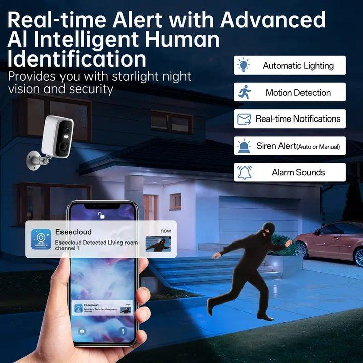 Solar Security Camera Wireless Outdoor/Indoor,  Battery Rechargeable Waterproof Continuous Power, Color Night Vision, SD Card/Cloud Storage