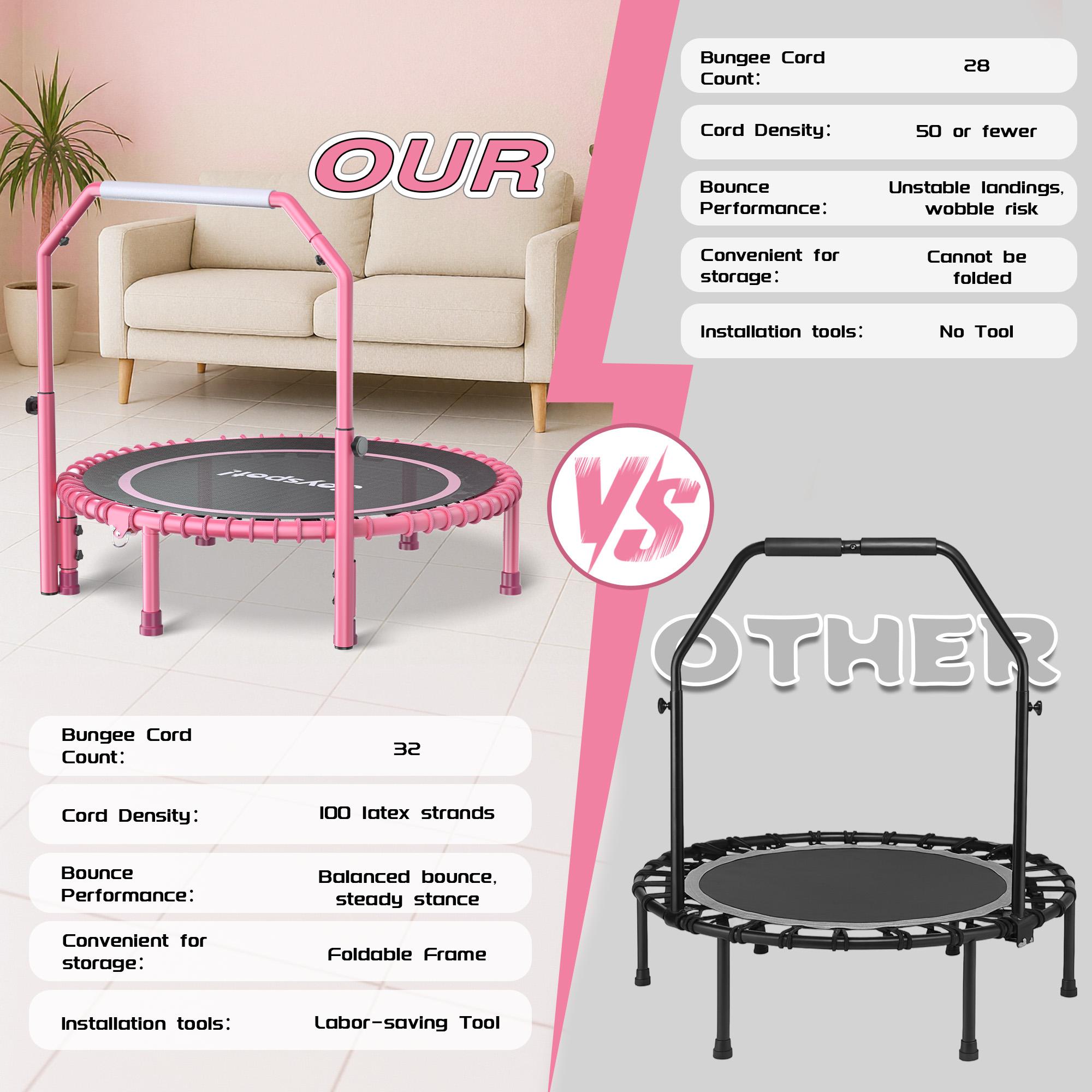 JOY SPOT! 450 LBS Foldable Trampoline 40" Fitness Trampoline with Bungees Adjustable Foam Handle/T Handle No Rope Training Jump Rope Home Gym Workout Stable Quiet Exercise Rebounder for Adults