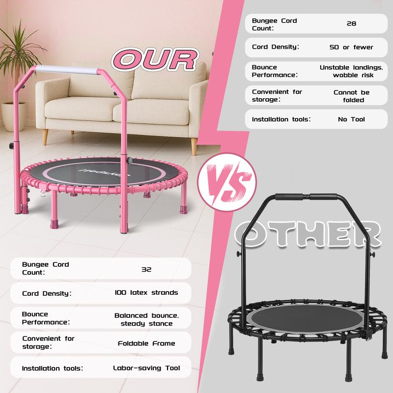 JOY SPOT! 450 LBS Foldable Trampoline 40" Fitness Trampoline with Bungees Adjustable Foam Handle/T Handle No Rope Training Jump Rope Home Gym Workout Stable Quiet Exercise Rebounder for Adults, Valentine's gift