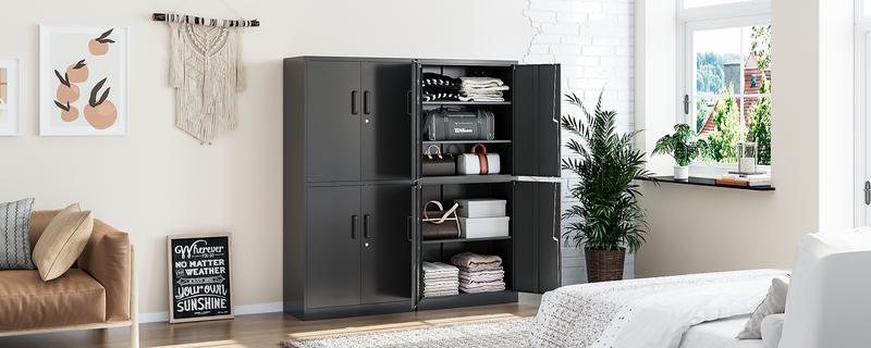 Metal Storage Cabinet with Lock, 71" Tall, 2 Adjustable Shelves, 4 Doors, Black Color, Ideal for Office, Garage, Home, and Pantry Use
