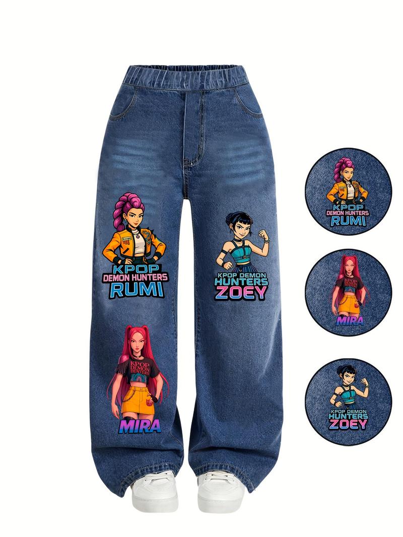 ‘Hunters Girl’ Printed Denim Jeans for Girls, Cute Portrait Graphic Jeans, Trendy Streetwear for Ages 8-12, Perfect for Young Fashionistas