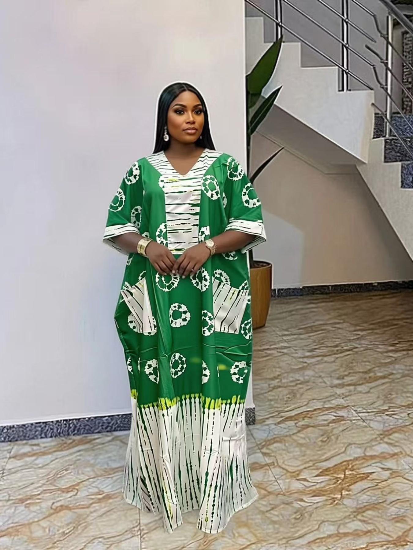 African Style Fashion Dress Summer Loose Plus Size Print Chest Patch Ethnic Boubou Kaftan Long Robe Daily Travel Party V Neck Short Sleeve with Pockets and Scarf Casual Wear