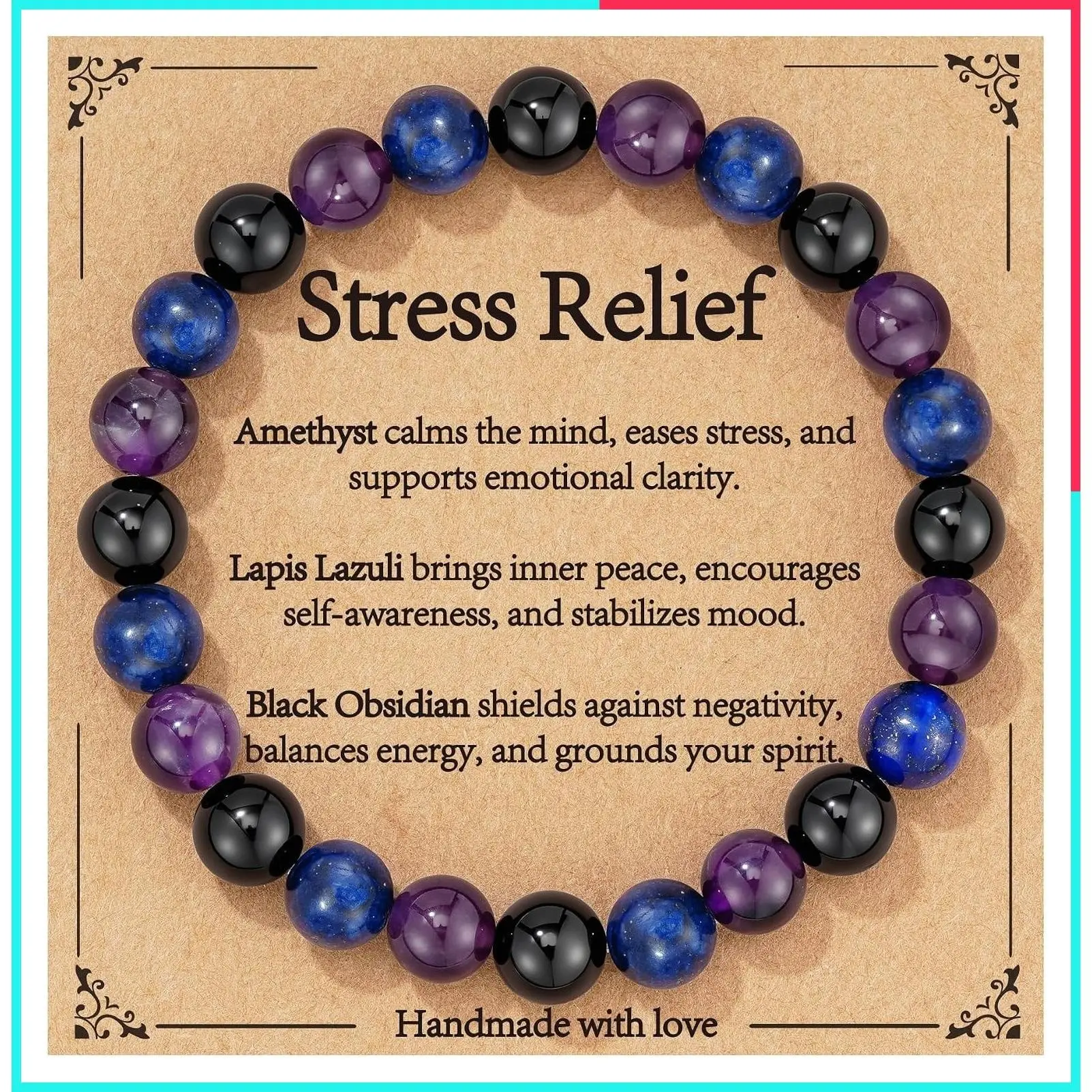 Healing Crystal Beaded Bracelet for Women - Triple Protection, Stress Relief, Empath Protection, Good Luck, New Beginnings, Birthday Gift