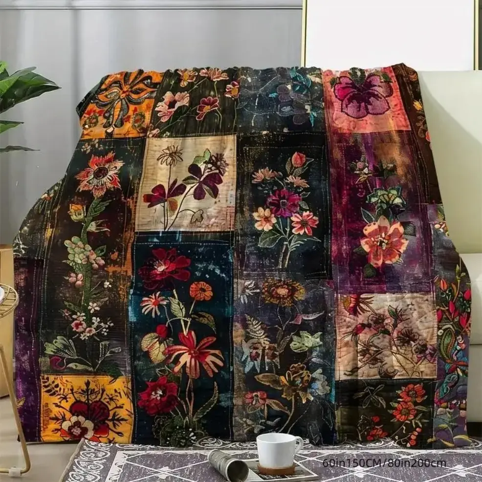 Floral Patchwork Pattern Blanket, 1 Count Soft Comfortable Warm Throw Blanket, Cool Bedroom Accessories Bedding Blankets, Air‑conditioned Room Blanket, Warm Nap Blanket for Home & Office, Soft Flannel Rest Blanket, Baby Blankets and Adult Blankets, All‑Se