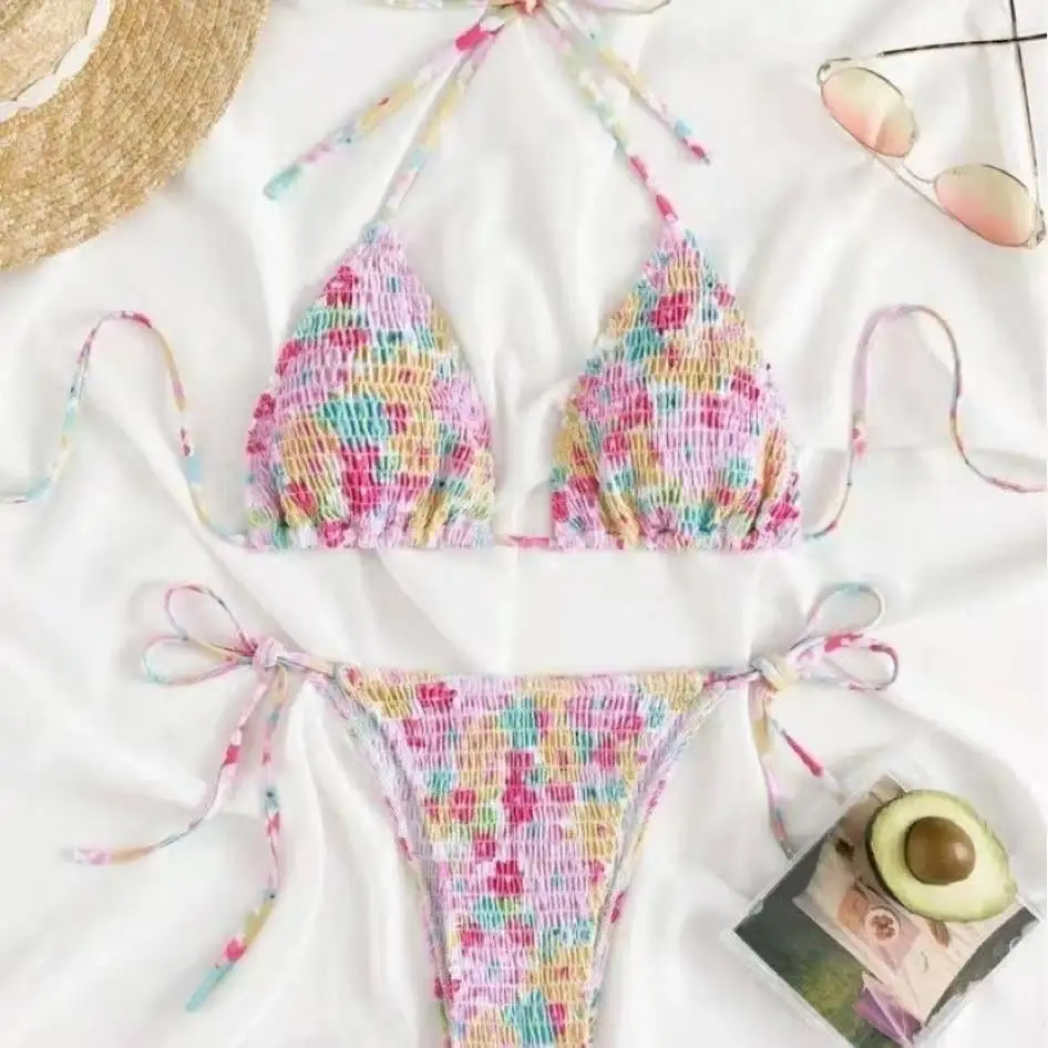 Summer Daily Pool Beach Vacation Swimwear Ladies Y2K Slim Sexy Two Piece Bikini Japanese Lolita Floral Ruffle Print Outfit