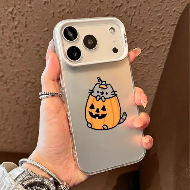 Cute Halloween Chubby Cat Pumpkin Clear Phone Case, Cartoon Cat Sitting Inside Jack-o-Lantern Pumpkin, Large Camera Window Soft TPU Shock-Absorbent Cover for iPhone11-17 All Models