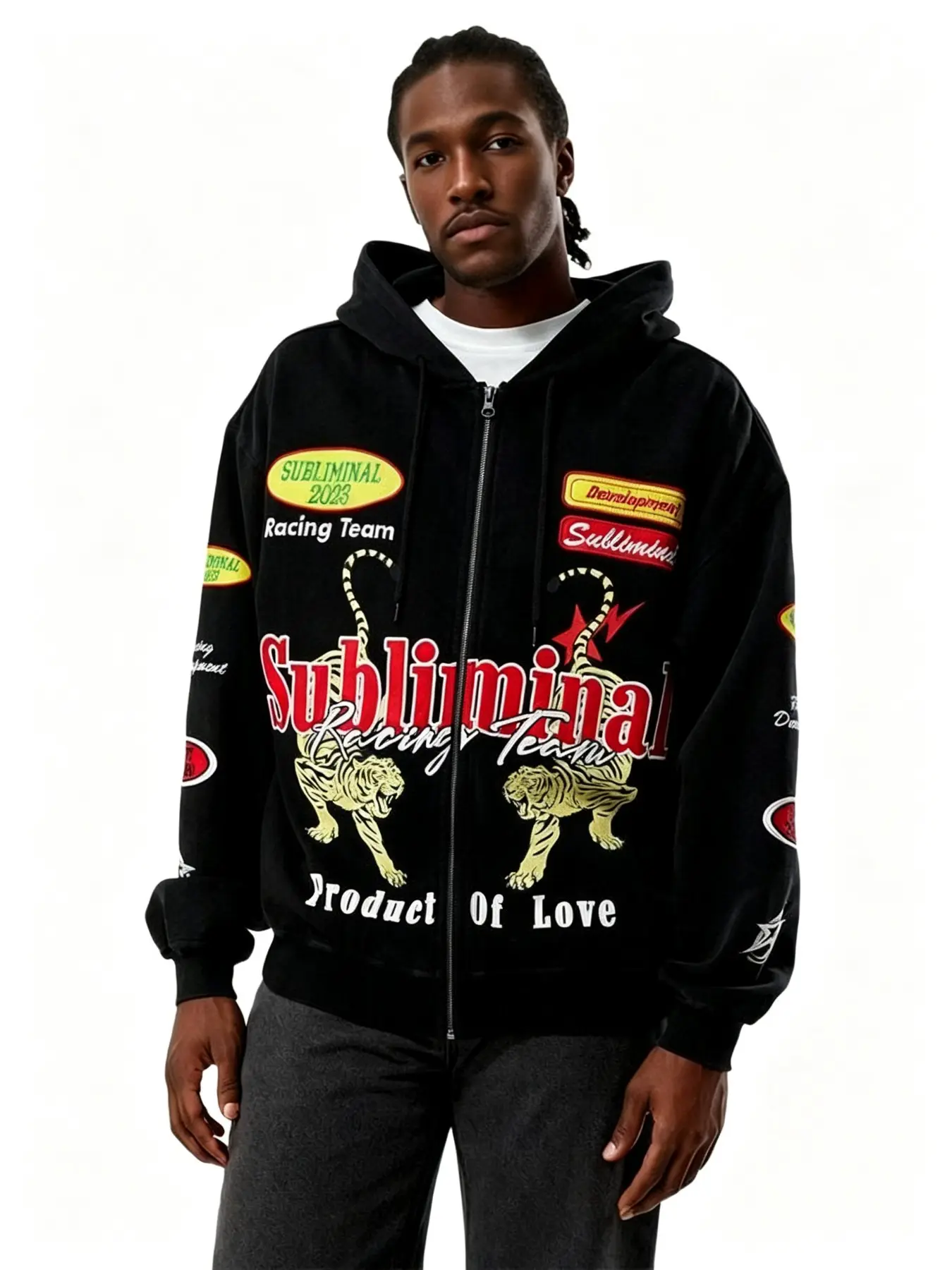 Men's Subliminal Racing Full Zip Hoodie | Oversized Streetwear Motorcycle Hooded Jacket | Graphic Print Casual Outerwear for Men