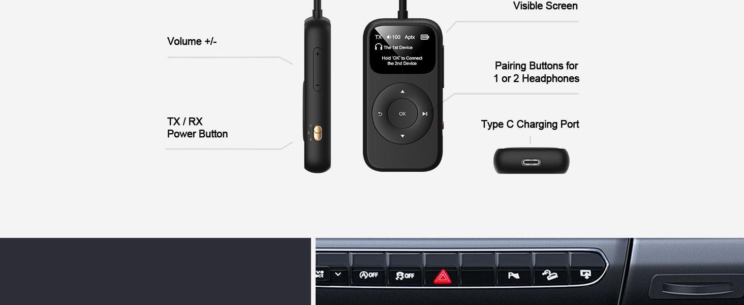 SoundSync Pro Bluetooth Transmitter & Receiver for Airplane, Easy Setup Bluetooth Audio Transceiver for 2 BT Devices, Volume Control, RCA for TV