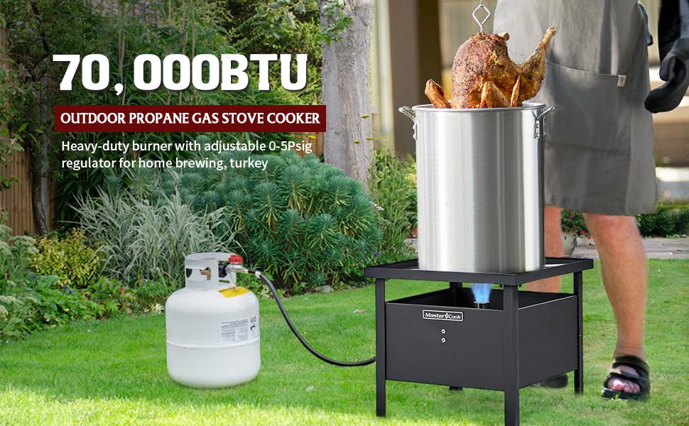 MASTER COOK 70000 BTU Propane Burner, Outdoor Camp Stove Adjustable 0-5 Psi Regulator with 1-Meter Safety Hose, Suitable for Camping, Backyard and Picnic, Stainless Steel