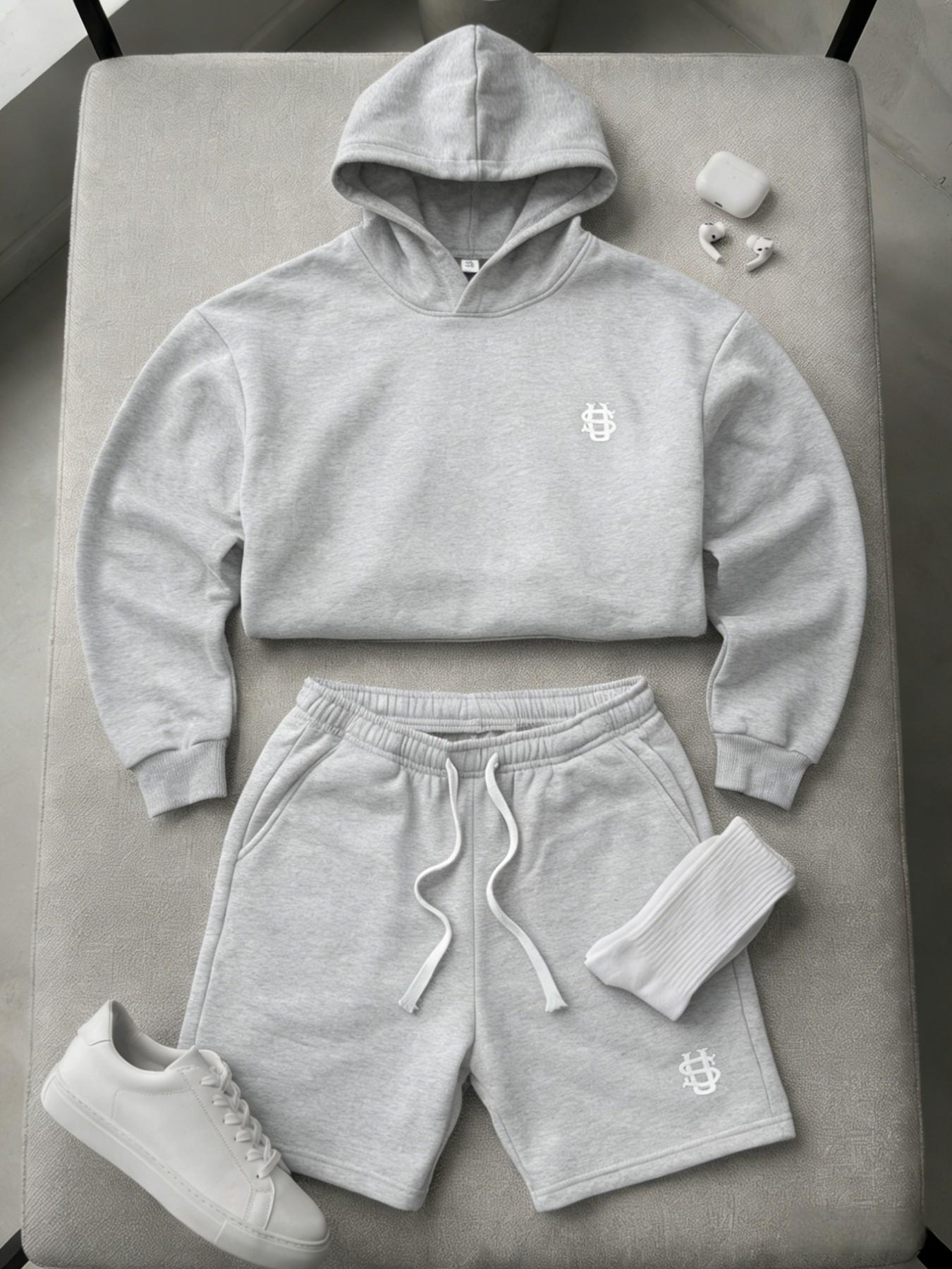 Men's High Street Long Sleeve Hoodie Set with Drawstring Shorts, Casual Lazy Style Two-Piece, Comfortable and Stylish Clothing Outfit Sets