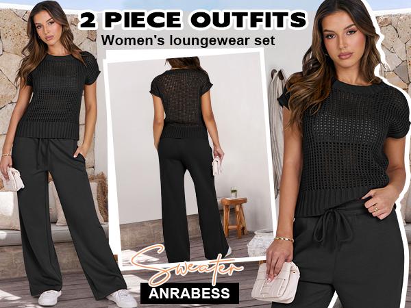 ANRABESS Women Two Piece Outfits Crochet Sheer Knit Sweater Top Wide Leg Pants Lounge Matching Sets Sweatsuit Travel Clothes Minimalist Matching sets