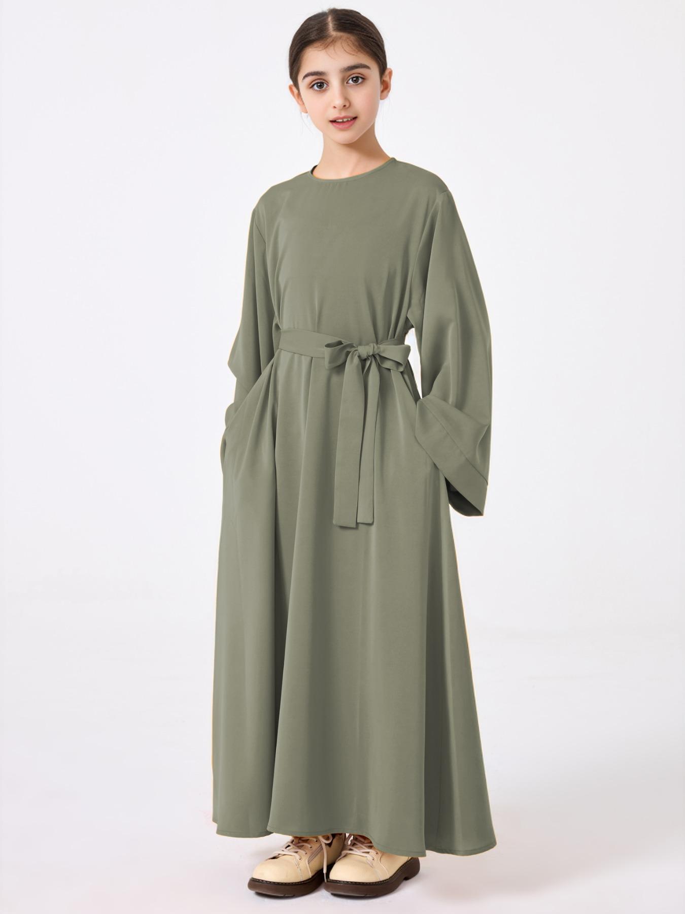 Girl's Solid Belted Dress, Modest Long Sleeve Dress for Daily Wear, Kids Clothes for All Seasons