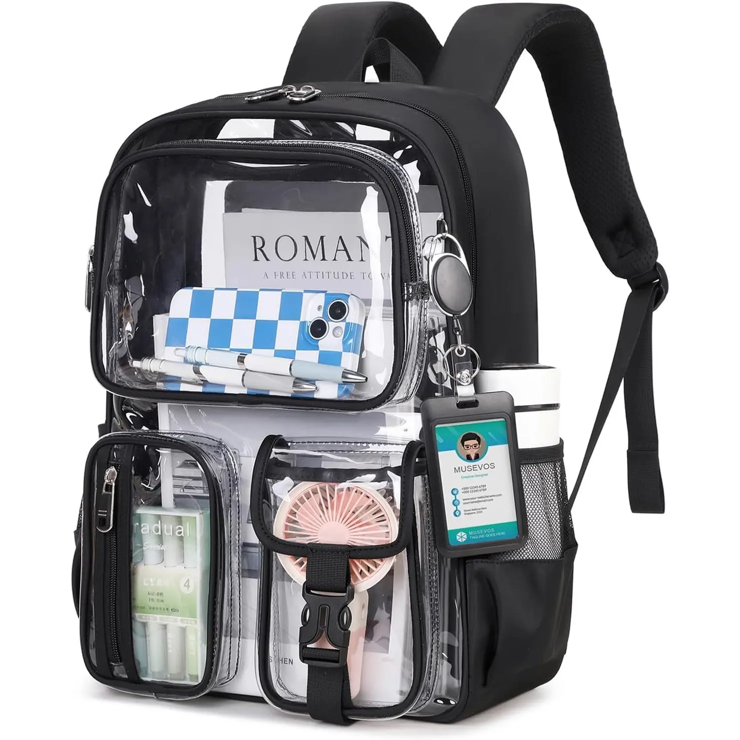 Clear Backpack for School, Heavy Duty Clear Bookbag for Girls Boys Transparent Backpack with Badge Holder, Black