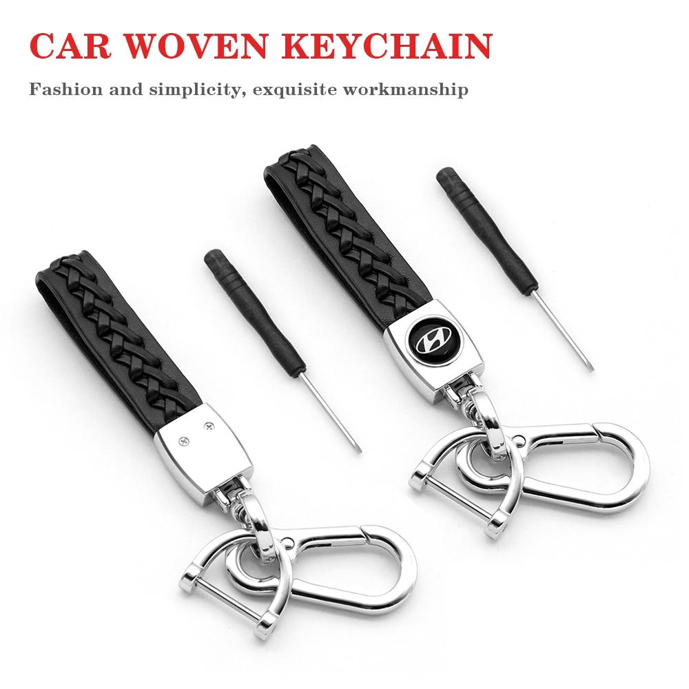 Hyundai Car Logo Leather Keychain, Woven Leather Strap Design, Metal Clip Key Holder, Durable Alloy Car Key Ring, Fashionable Alloy Keychain