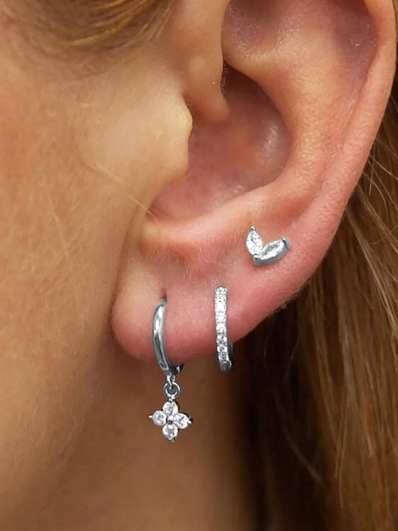 3-Piece Stackable Earrings Set, Floral Dangle Ear Cuffs + Rhinestone Studs + V-Shaped Hoops, Allergy-Free, Trendy for Office & Dates