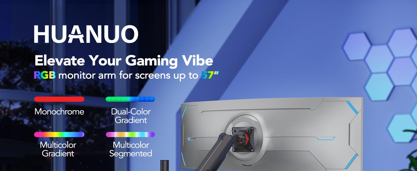 HUANUO Adjustable RGB/Non RGB Heavy Duty Monitor Arm for Ultrawide Screens up to 57"/49'', Holds 44 lbs, Tall Ultrawide Monitor Stand with 29.1" Max Height, Fully Adjustable Single Computer Desk Mount, Max VESA 100x100mm