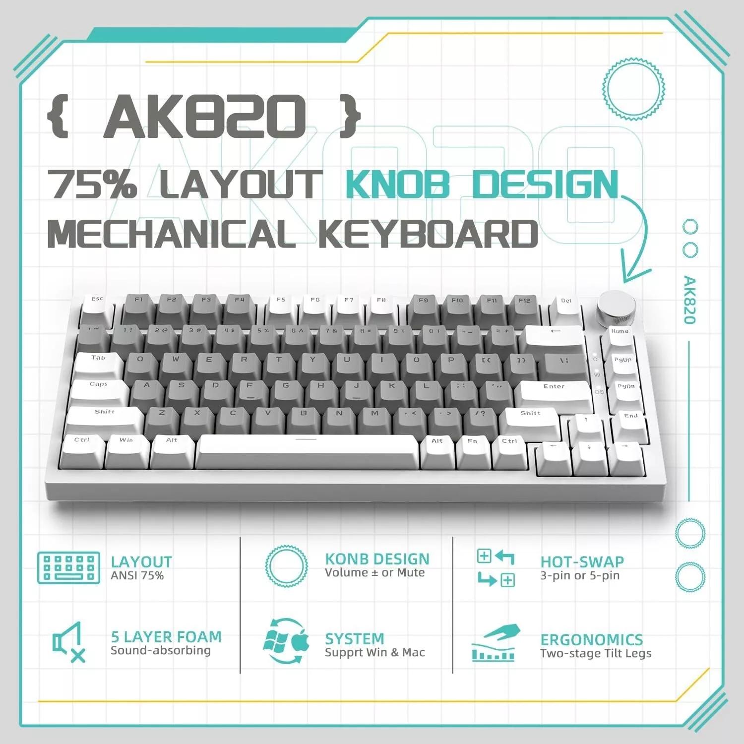 AJAZZ AK820 Mechanical Keyboard Gray and White Dual-tone Keycaps 75% Wired Office Mechanical Keyboard with White Backlight, Volume Knob, Fast Response, Full Key Hot-swapping, Comfortable Typing Experience, Suitable for Gaming, Office, and Other Multi-scen